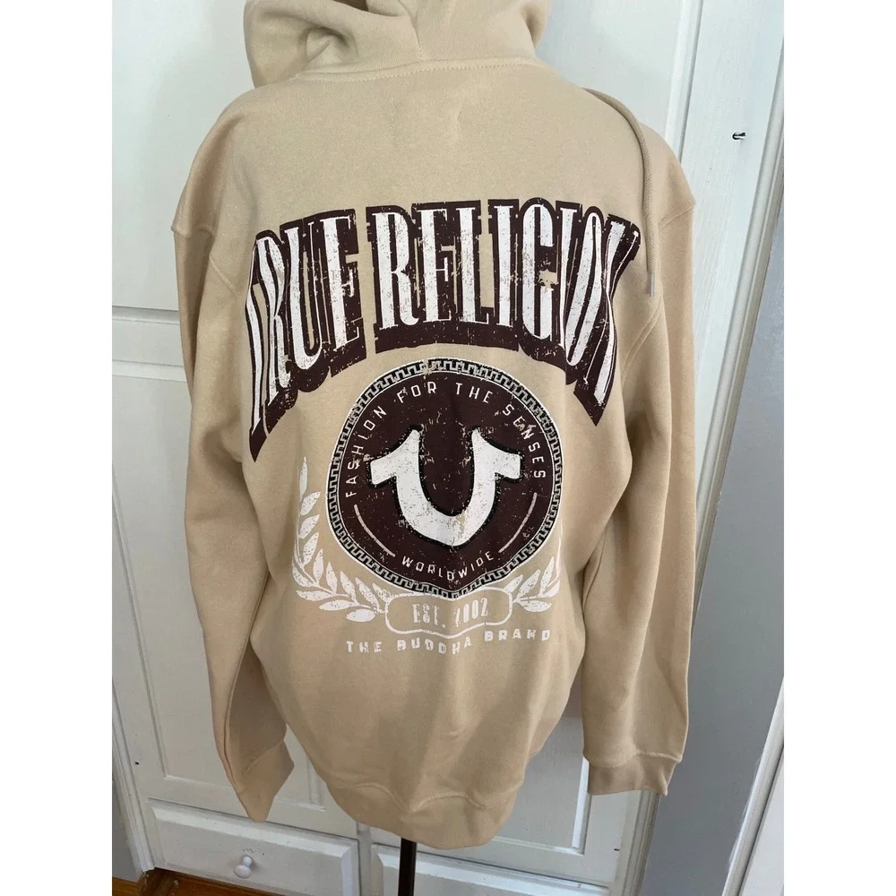 True Religion Zip Hoodie Mens XL Fog Beige College Logo Y2K Streetwear New